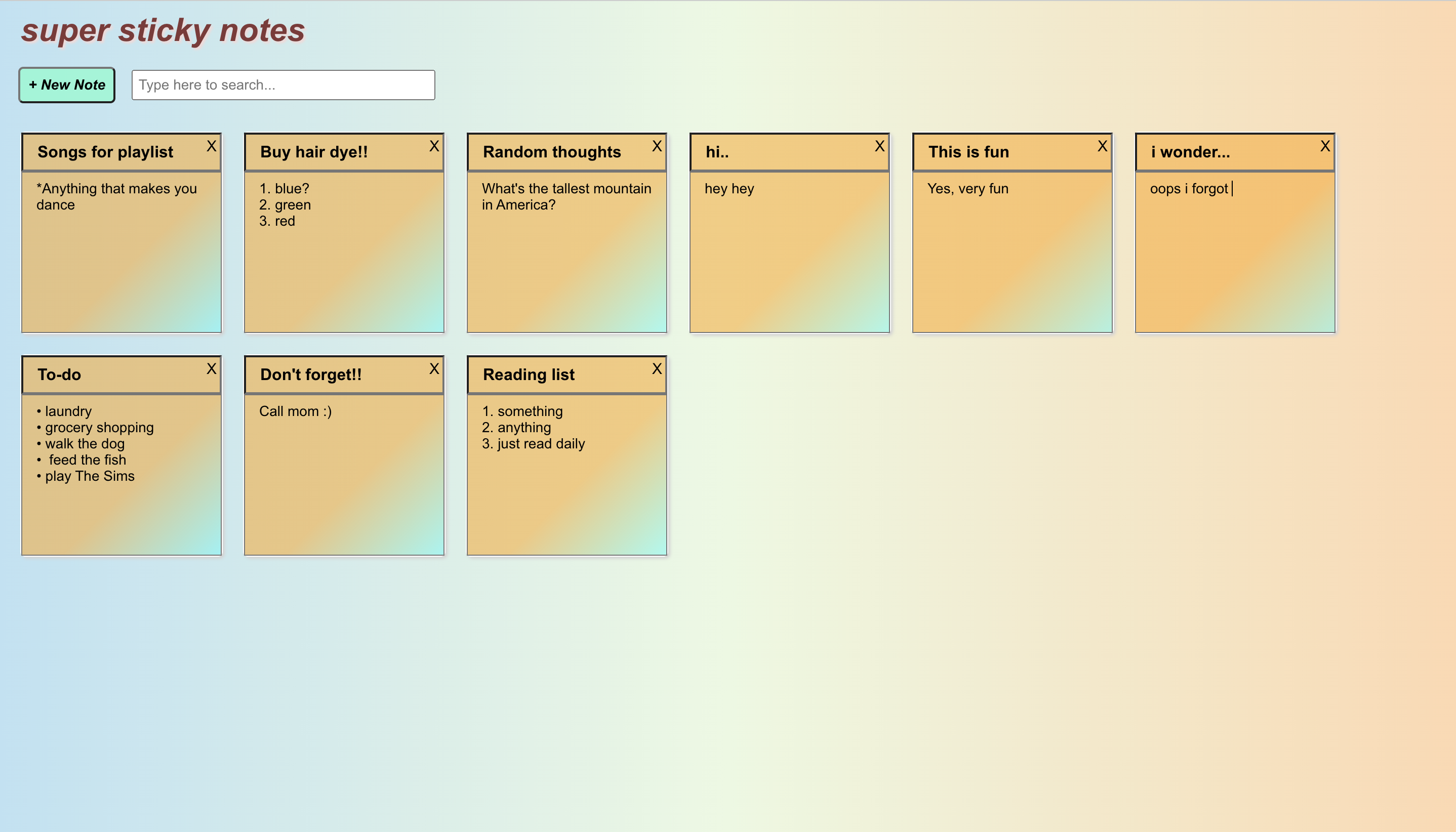 Screenshot of Sticky note app